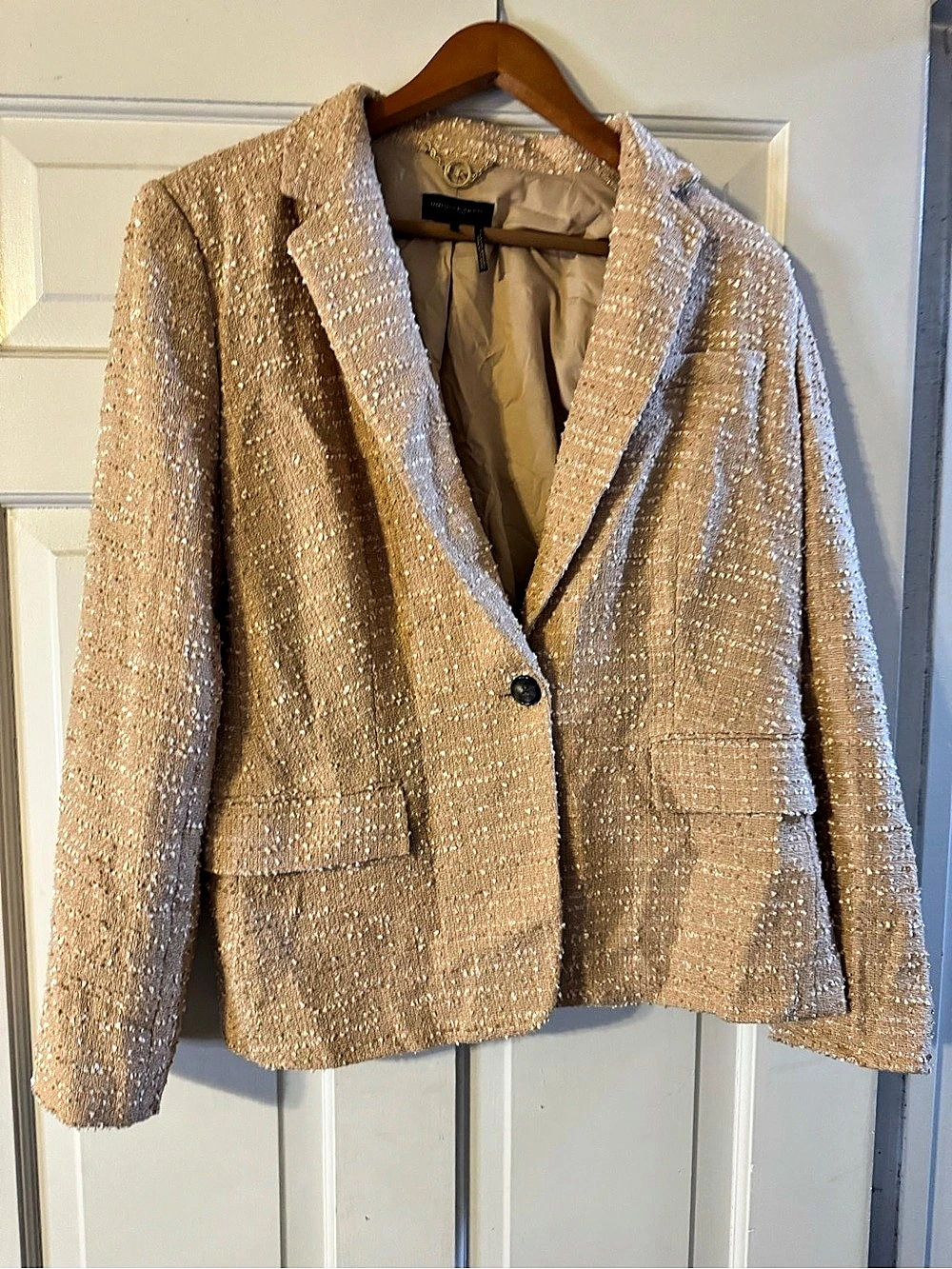 Donna Karan New York Beige Tweed Blazer Jacket Size 12 Metallic Knit Single Btn